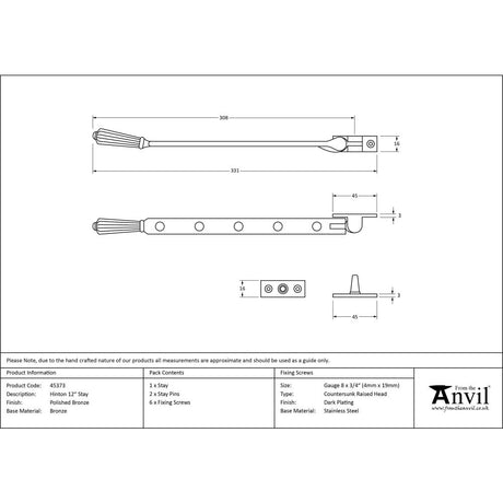 From The Anvil - Polished Bronze 12" Hinton Stay | Sku. 45373 | Trade Door Handles.
