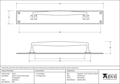 From The Anvil - Aged Brass 425mm Art Deco Pull Handle on Backplate | Sku. 45374 | Trade Door Handles.