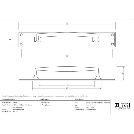 From The Anvil - Polished Bronze 425mm Art Deco Pull Handle on Backplate | Sku. 45378 | Trade Door Handles.