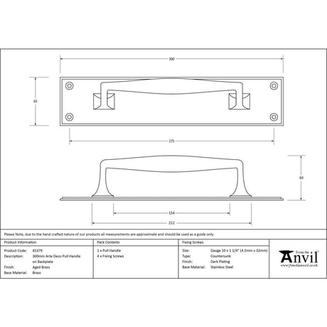 From The Anvil - Aged Brass 300mm Art Deco Pull Handle on Backplate | Sku. 45379 | Trade Door Handles.