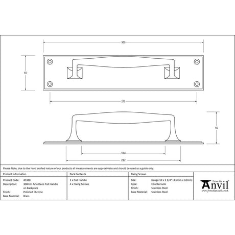From The Anvil - Polished Chrome 300mm Art Deco Pull Handle on Backplate | Sku. 45380 | Trade Door Handles.