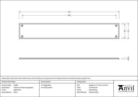 From The Anvil - Aged Brass 425mm Art Deco Fingerplate | Sku. 45384 | Trade Door Handles.