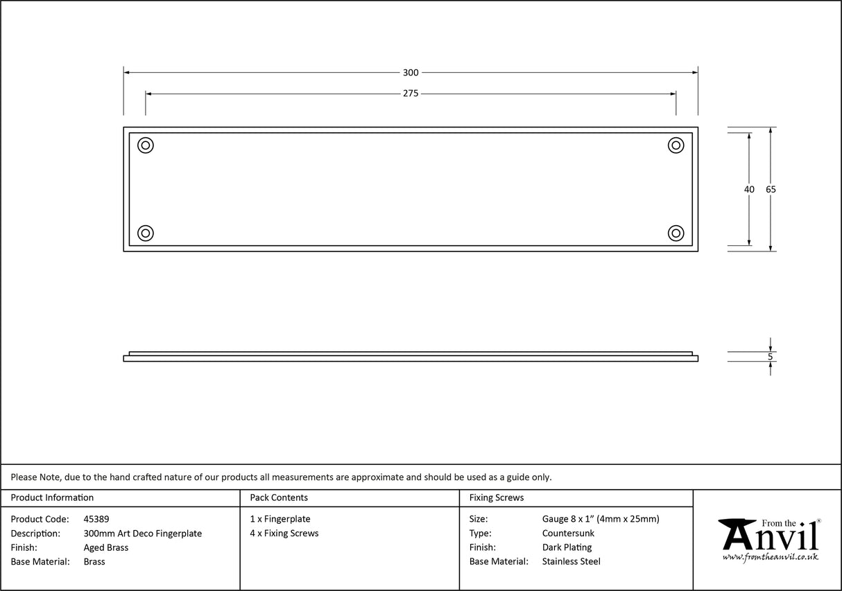 From The Anvil - Aged Brass 300mm Art Deco Fingerplate | Sku. 45389 | Trade Door Handles.