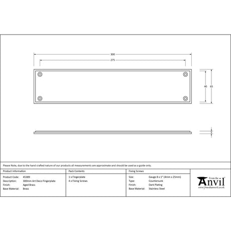 From The Anvil - Aged Brass 300mm Art Deco Fingerplate | Sku. 45389 | Trade Door Handles.
