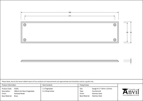 From The Anvil - Polished Nickel 300mm Art Deco Fingerplate | Sku. 45391 | Trade Door Handles.