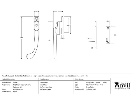From The Anvil - Polished Brass Night-Vent Locking Peardrop Fastener - LH | Sku. 45396 | Trade Door Handles.