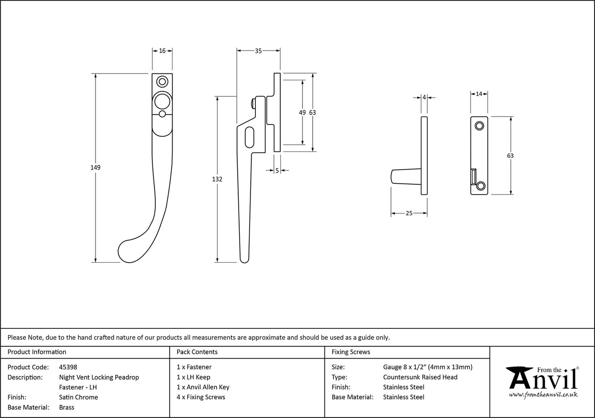 From The Anvil - Satin Chrome Night-Vent Locking Peardrop Fastener - LH | Sku. 45398 | Trade Door Handles.