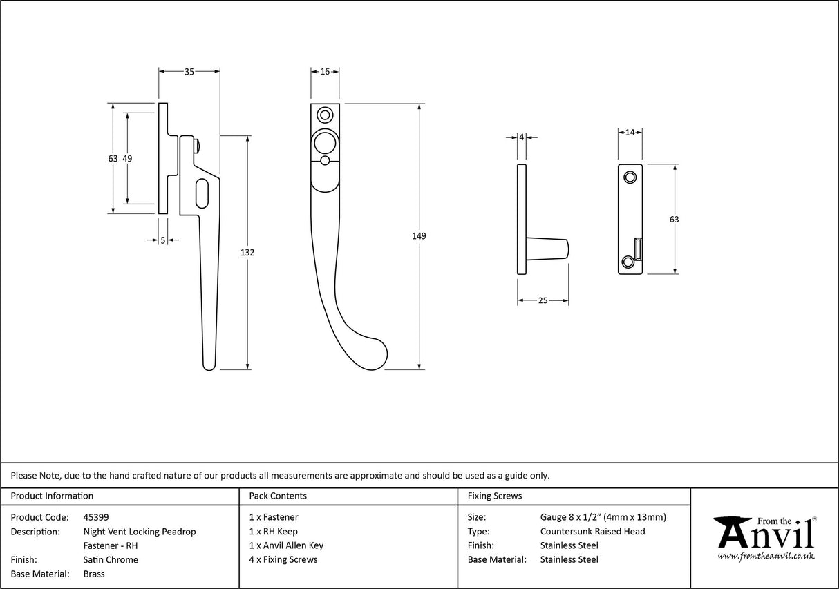 From The Anvil - Satin Chrome Night-Vent Locking Peardrop Fastener - RH | Sku. 45399 | Trade Door Handles.