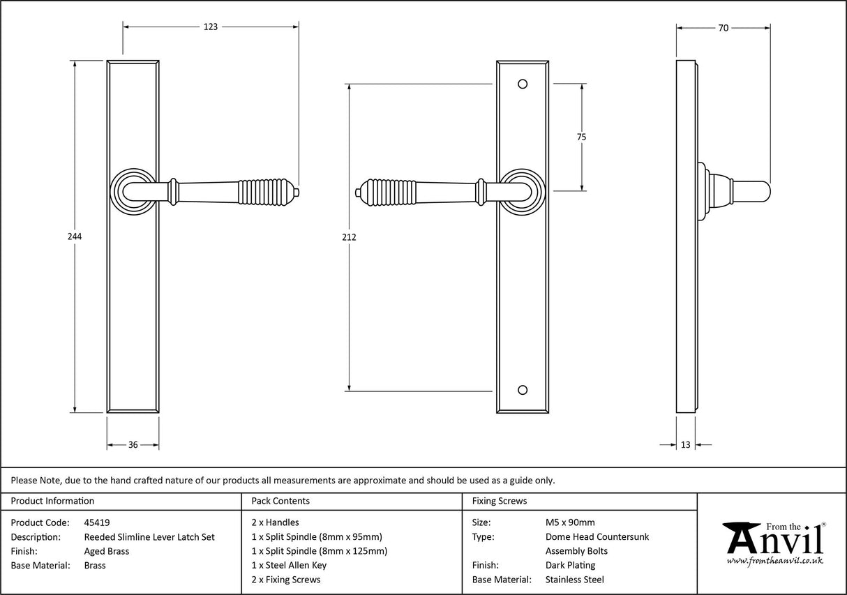 From The Anvil - Aged Brass Reeded Slimline Lever Espag. Latch Set | Sku. 45419 | Trade Door Handles.