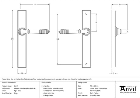 From The Anvil - Aged Brass Reeded Slimline Lever Espag. Latch Set | Sku. 45419 | Trade Door Handles.