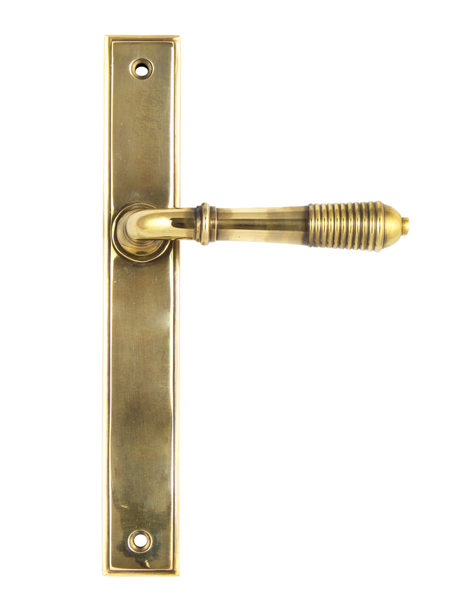From The Anvil - Aged Brass Reeded Slimline Lever Espag. Latch Set | Sku. 45419 | Trade Door Handles.