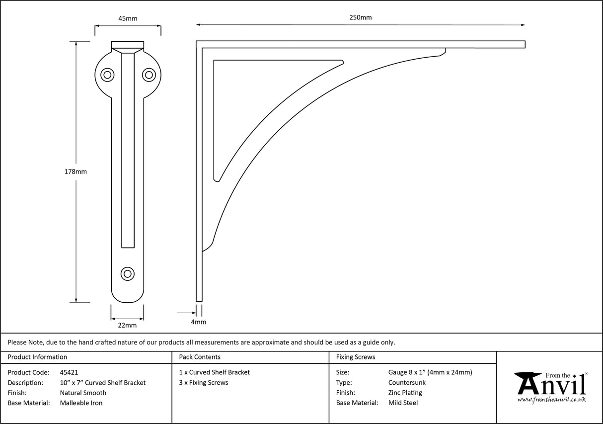 From The Anvil - Natural Smooth 10'' x 7'' Curved Shelf Bracket | Sku. 45421 | Trade Door Handles.