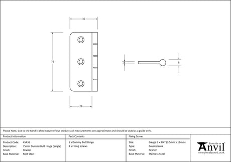From The Anvil - Pewter 3" Dummy Butt Hinge (Single) | Sku. 45436 | Trade Door Handles.
