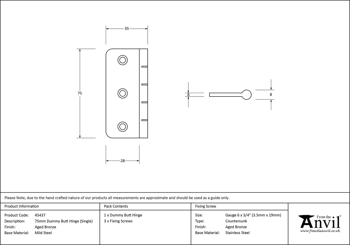 From The Anvil - Aged Bronze 3" Dummy Butt Hinge (Single) | Sku. 45437 | Trade Door Handles.