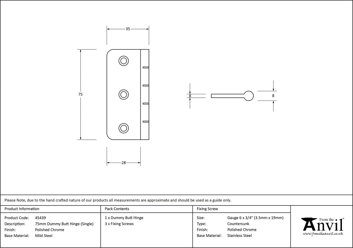 From The Anvil - Polished Chrome 3" Dummy Butt Hinge (Single) | Sku. 45439 | Trade Door Handles.