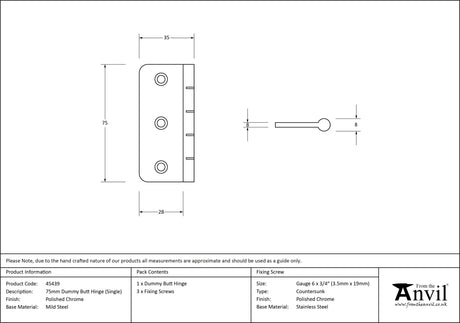 From The Anvil - Polished Chrome 3" Dummy Butt Hinge (Single) | Sku. 45439 | Trade Door Handles.
