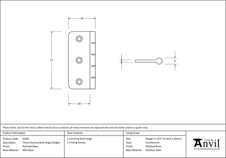 From The Anvil - Polished Brass 3" Dummy Butt Hinge (Single) | Sku. 45441 | Trade Door Handles.