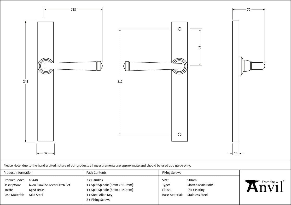 From The Anvil - Aged Brass Avon Slimline Lever Espag. Latch Set | Sku. 45448 | Trade Door Handles.