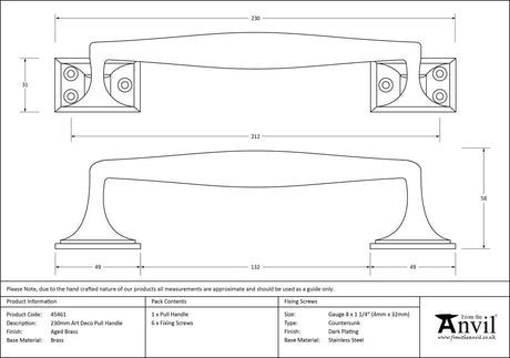 From The Anvil - Aged Brass 230mm Art Deco Pull Handle | Sku. 45461 | Trade Door Handles.