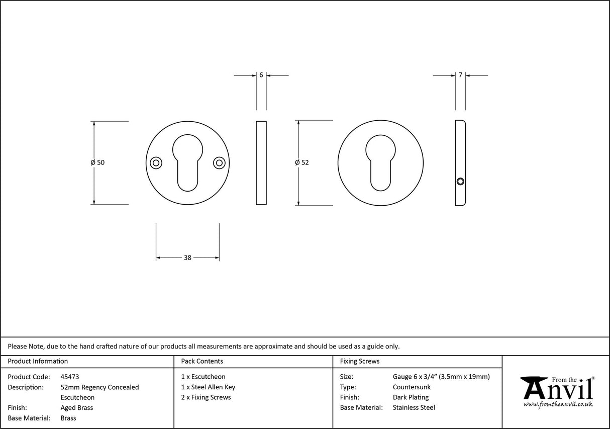 From The Anvil - Aged Brass 52mm Regency Concealed Escutcheon | Sku. 45473 | Trade Door Handles.