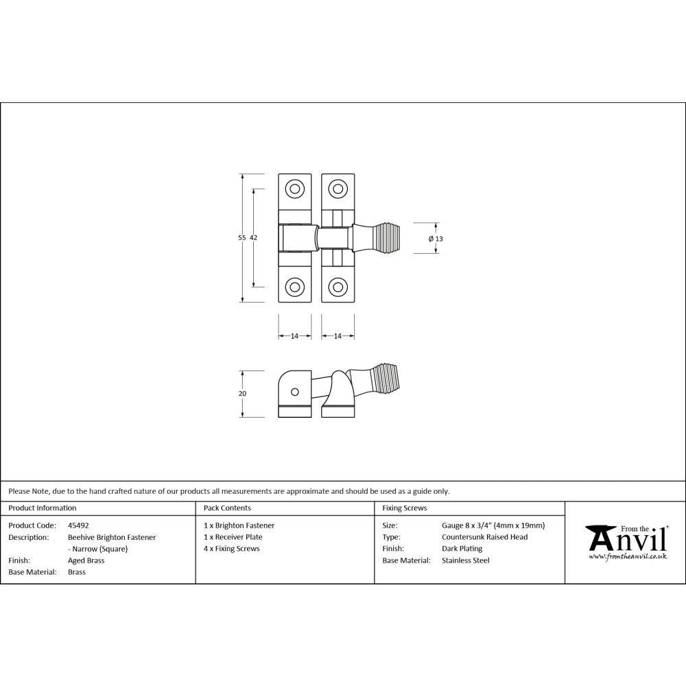 From The Anvil - Aged Brass Beehive Brighton Fastener - Narrow (Square) | Sku. 45492 | Trade Door Handles.