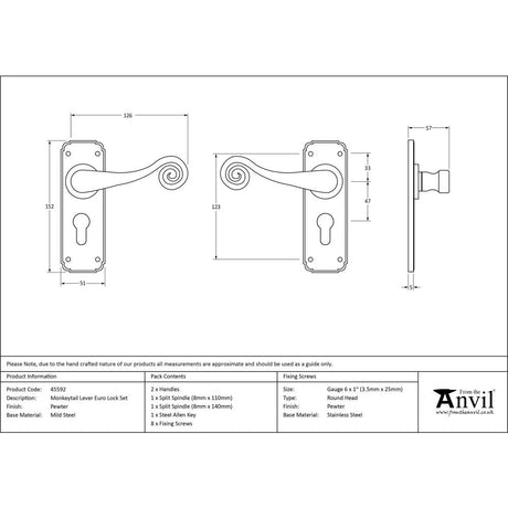 From The Anvil - Pewter Monkeytail Lever Euro Lock Set | Sku. 45592 | Trade Door Handles.