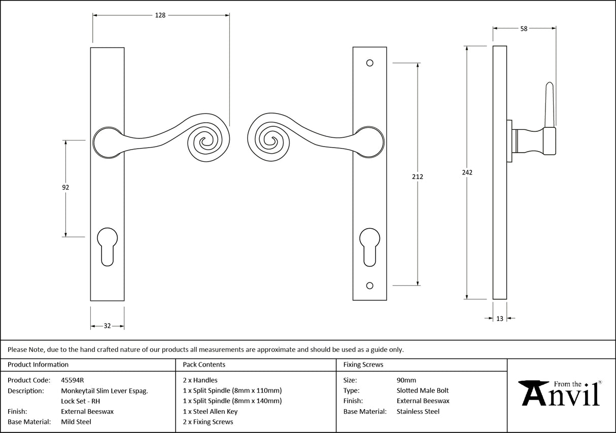 From The Anvil - External Beeswax Monkeytail Slimline Lever Espag. Lock Set - RH | Sku. 45594R | Trade Door Handles.