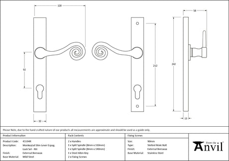 From The Anvil - External Beeswax Monkeytail Slimline Lever Espag. Lock Set - RH | Sku. 45594R | Trade Door Handles.