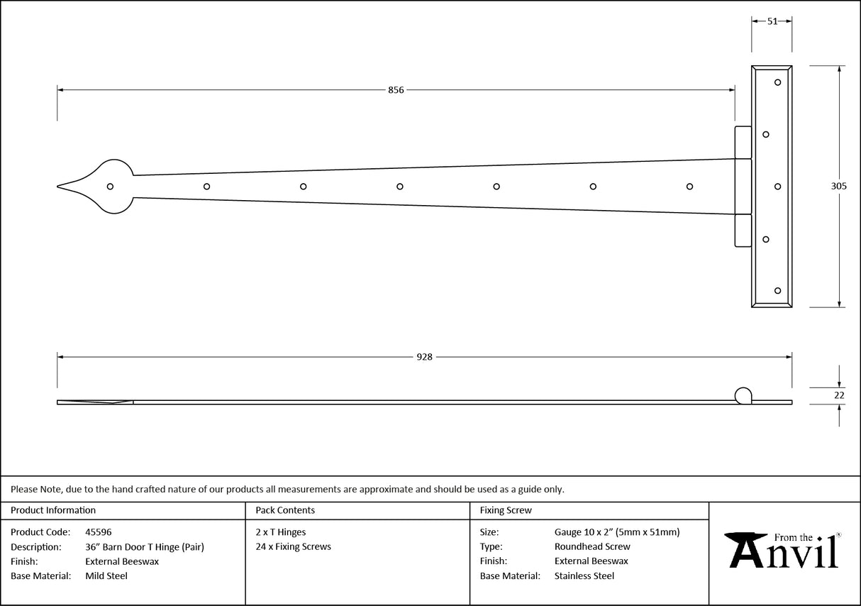 From The Anvil - External Beeswax 36" Barn Door T Hinge (pair) | Sku. 45596 | Trade Door Handles.