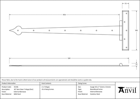 From The Anvil - External Beeswax 36" Barn Door T Hinge (pair) | Sku. 45596 | Trade Door Handles.