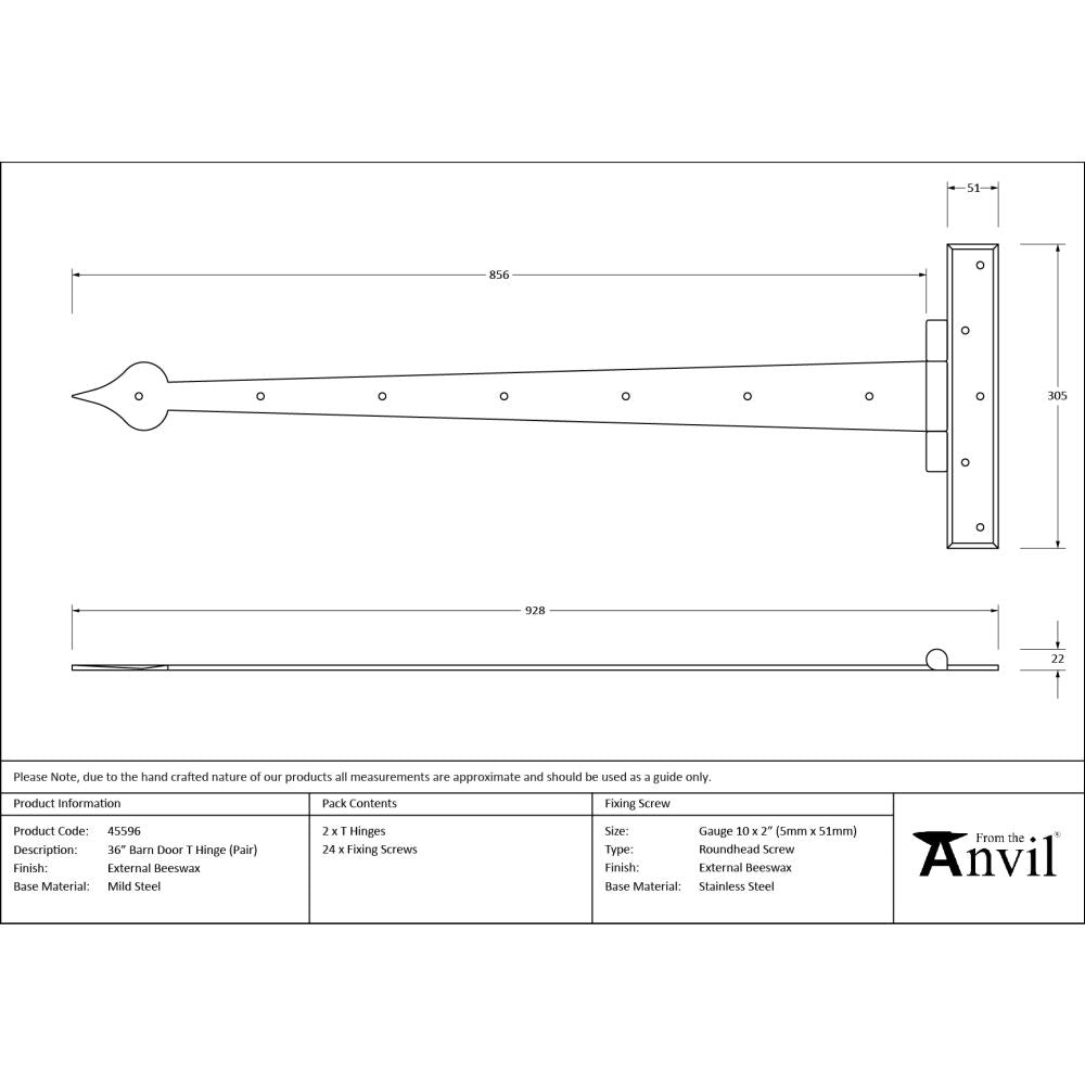 From The Anvil - External Beeswax 36" Barn Door T Hinge (pair) | Sku. 45596 | Trade Door Handles.