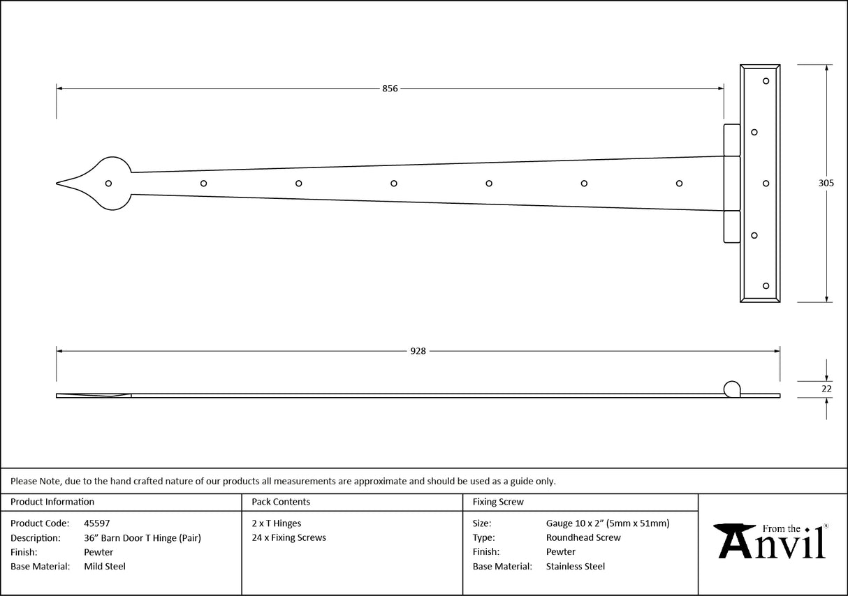 From The Anvil - Pewter 36" Barn Door T Hinge (pair) | Sku. 45597 | Trade Door Handles.