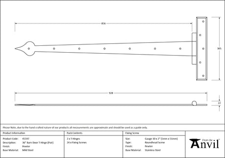 From The Anvil - Pewter 36" Barn Door T Hinge (pair) | Sku. 45597 | Trade Door Handles.