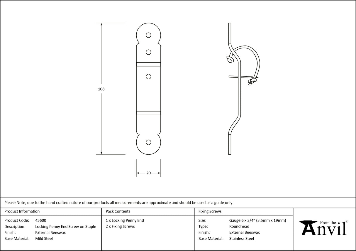From The Anvil - External Beeswax Locking Penny End Screw on Staple | Sku. 45600 | Trade Door Handles.
