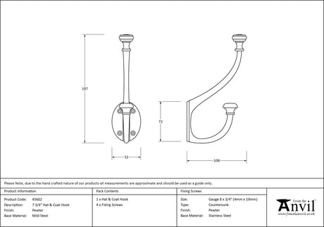 From The Anvil - Pewter 7 3/4" Hat & Coat Hook | Sku. 45602 | Trade Door Handles.