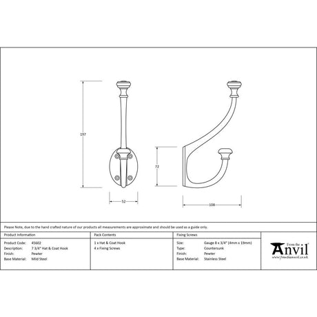 From The Anvil - Pewter 7 3/4" Hat & Coat Hook | Sku. 45602 | Trade Door Handles.