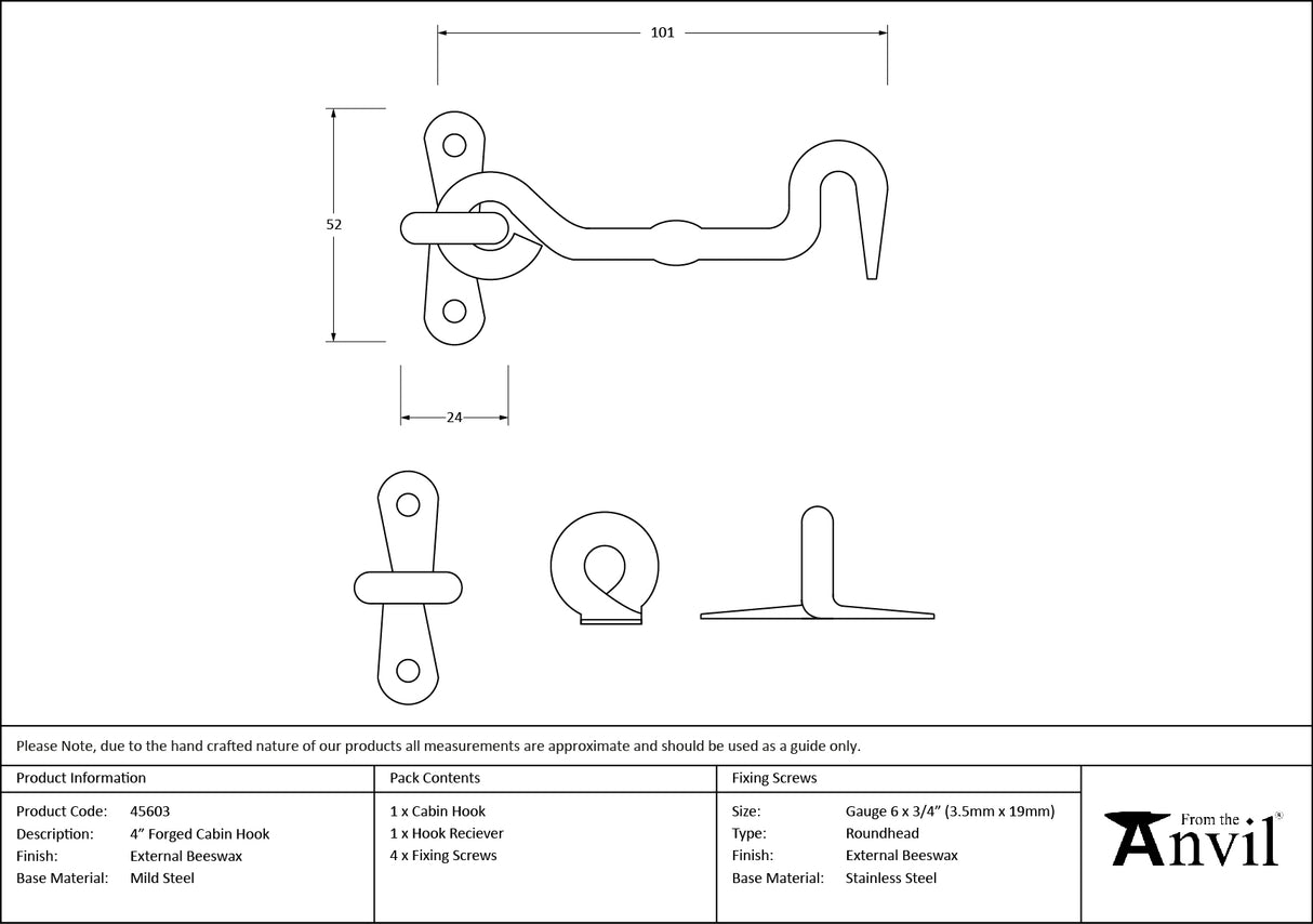 From The Anvil - External Beeswax 4" Forged Cabin Hook | Sku. 45603 | Trade Door Handles.