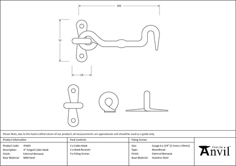 From The Anvil - External Beeswax 4" Forged Cabin Hook | Sku. 45603 | Trade Door Handles.