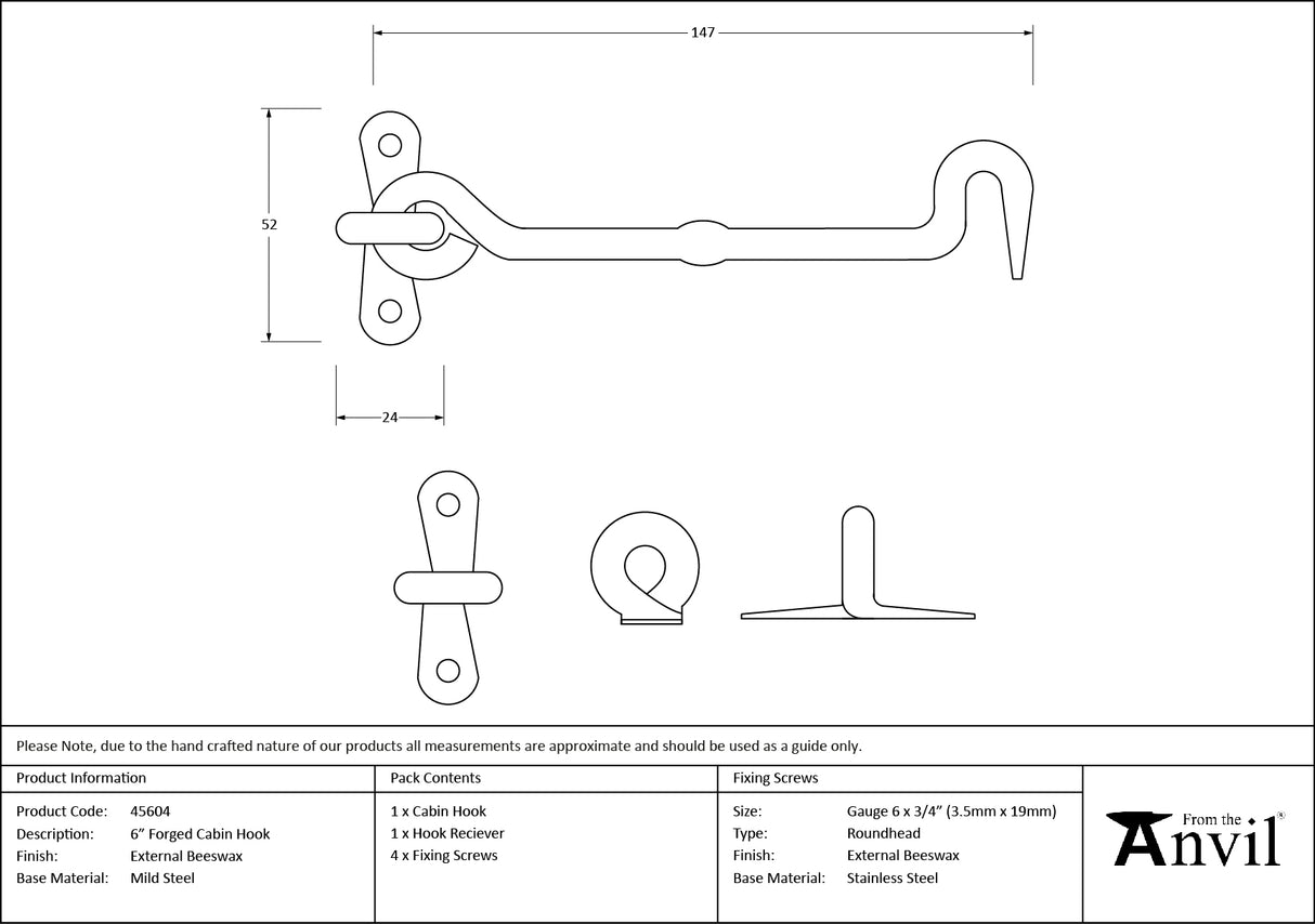 From The Anvil - External Beeswax 6" Forged Cabin Hook | Sku. 45604 | Trade Door Handles.