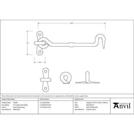 From The Anvil - External Beeswax 6" Forged Cabin Hook | Sku. 45604 | Trade Door Handles.