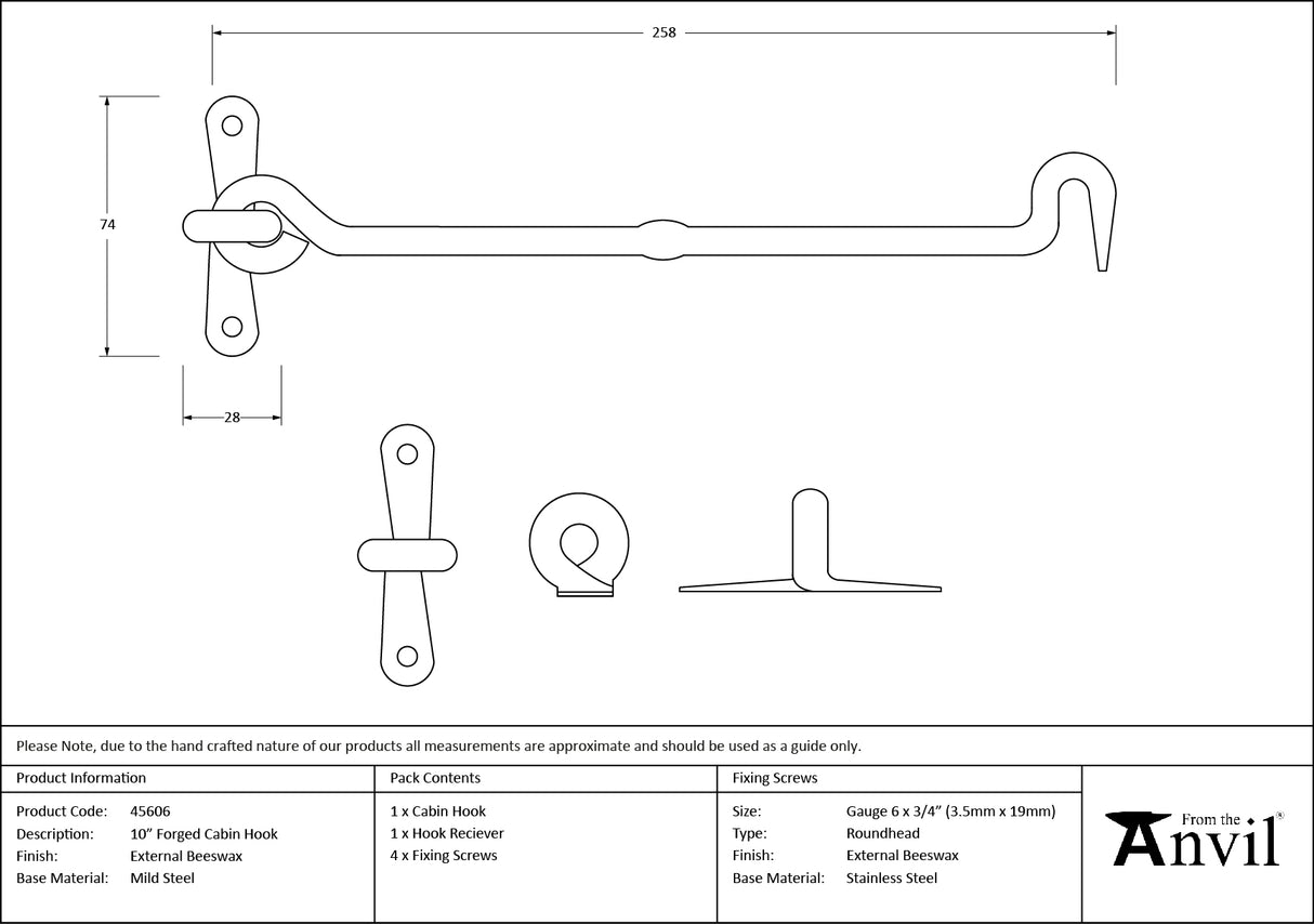From The Anvil - External Beeswax 10" Forged Cabin Hook | Sku. 45606 | Trade Door Handles.