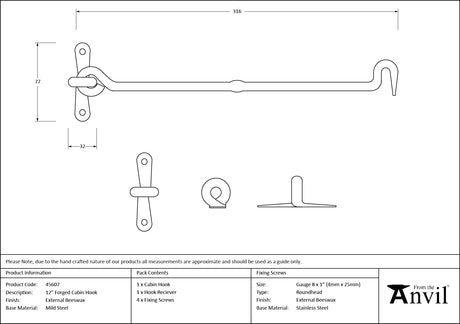 From The Anvil - External Beeswax 12" Forged Cabin Hook | Sku. 45607 | Trade Door Handles.