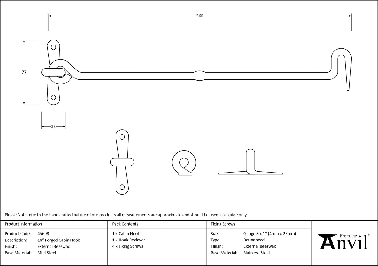 From The Anvil - External Beeswax 14" Forged Cabin Hook | Sku. 45608 | Trade Door Handles.