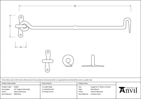 From The Anvil - External Beeswax 16" Forged Cabin Hook | Sku. 45609 | Trade Door Handles.
