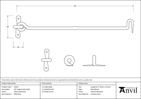 From The Anvil - External Beeswax 18" Forged Cabin Hook | Sku. 45610 | Trade Door Handles.