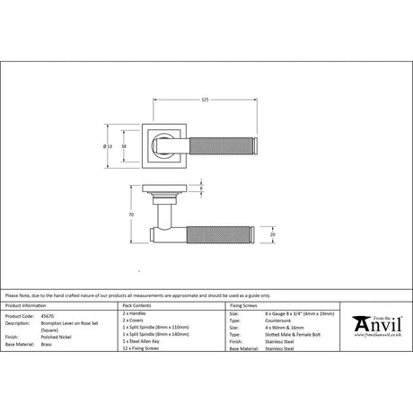 From The Anvil - Polished Nickel Brompton Lever on Rose Set (Square) | Sku. 45670 | Trade Door Handles.