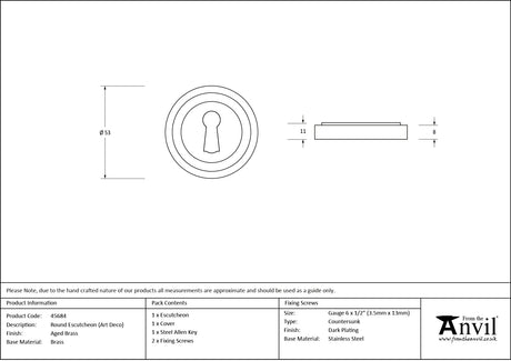 From The Anvil - Aged Brass Round Escutcheon (Art Deco) | Sku. 45684 | Trade Door Handles.