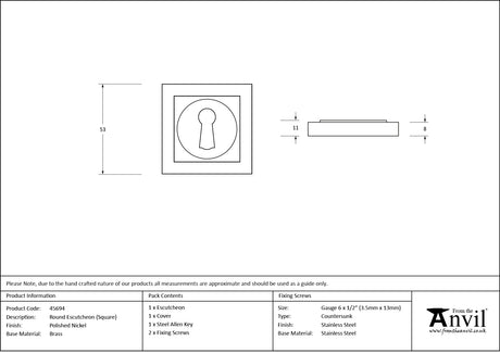 From The Anvil - Polished Nickel Round Escutcheon (Square) | Sku. 45694 | Trade Door Handles.