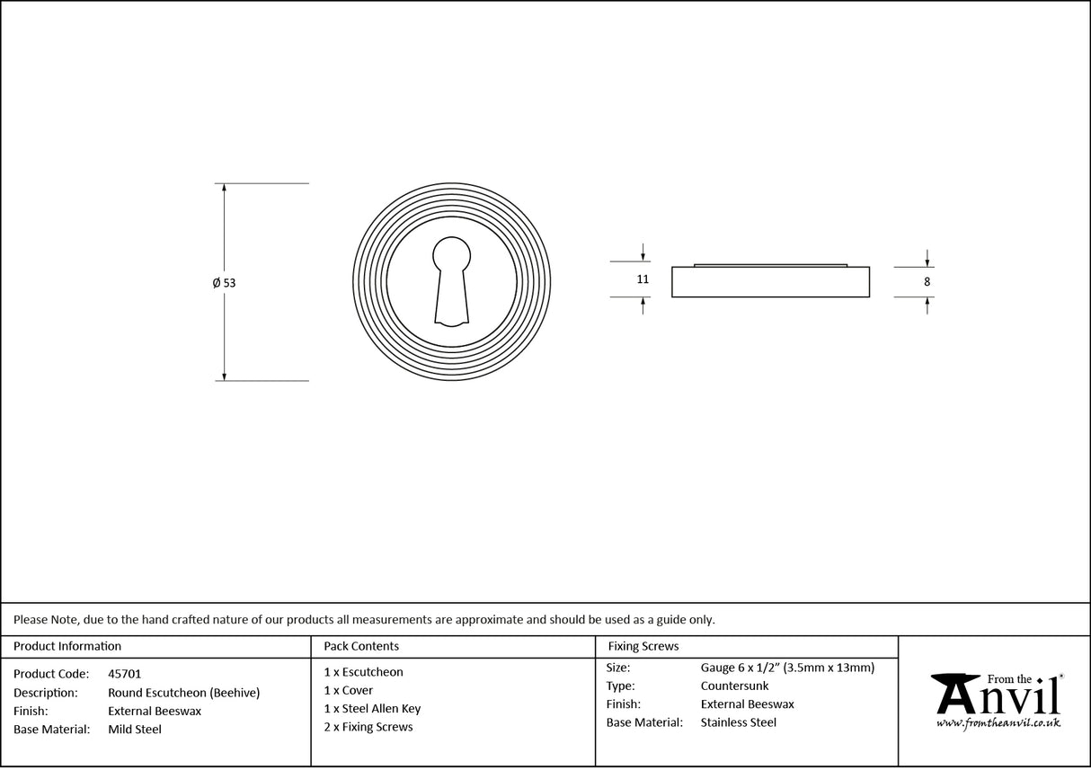 From The Anvil - External Beeswax Round Escutcheon (Beehive) | Sku. 45701 | Trade Door Handles.