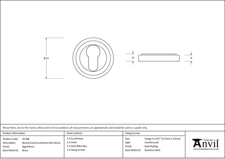 From The Anvil - Aged Brass Round Euro Escutcheon (Art Deco) | Sku. 45708 | Trade Door Handles.